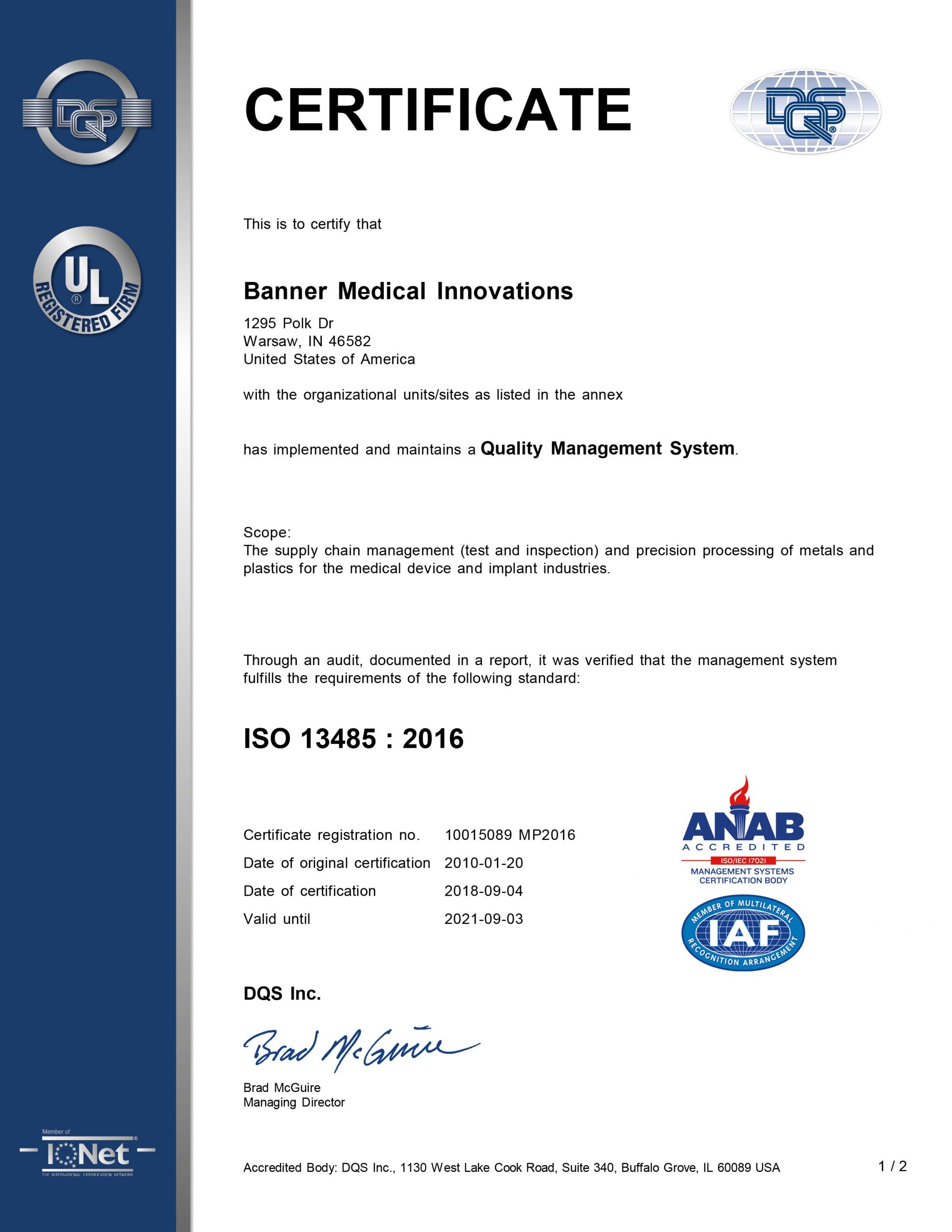 Banner Medical Warsaw, IN ISO 13485 Certificate